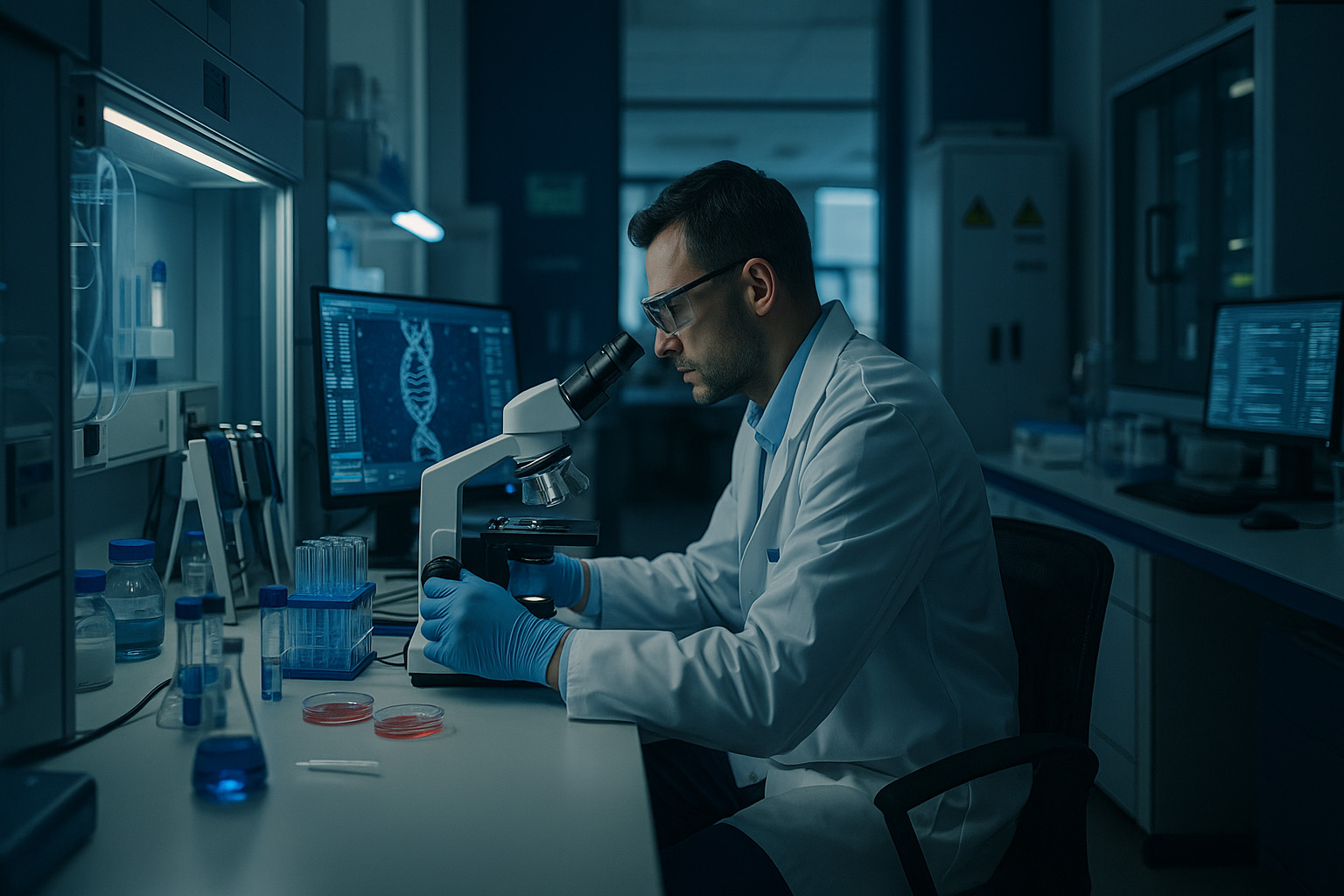 Wissenschaftler im weißen Laborkittel arbeitet konzentriert mit einem Mikroskop in einem modernen Labor, umgeben von Monitoren mit DNA-Darstellungen, Laborgeräten und Testgefäßen – symbolisiert die kritische Infrastruktur im Gesundheits- und Biotech-Sektor.