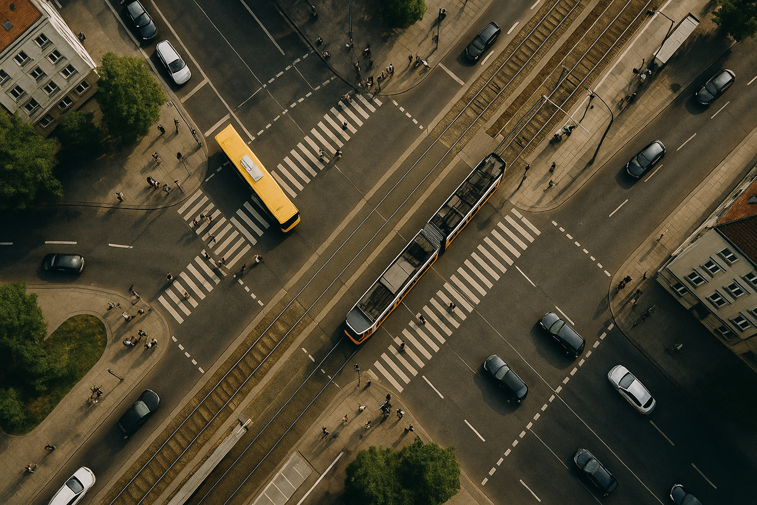 Luftaufnahme einer belebten Großstadt-Kreuzung in Deutschland: Ein gelber Bus und eine Straßenbahn kreuzen sich, Autos fahren auf den Fahrspuren, Fußgänger überqueren die Straßen an Zebrastreifen, umgeben von Gebäuden und Grünflächen.