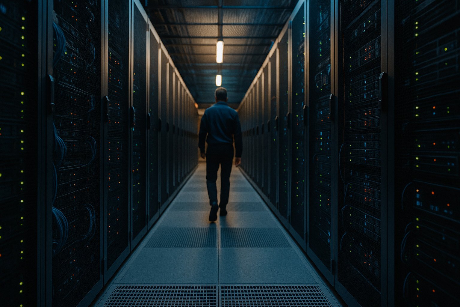 IT-Techniker geht durch einen Gang in einem Rechenzentrum, links und rechts lange Reihen beleuchteter Serverracks mit Kabeln und Kontrollleuchten, kühles blaues Licht mit warmen Akzenten betont die klare, technische Struktur.