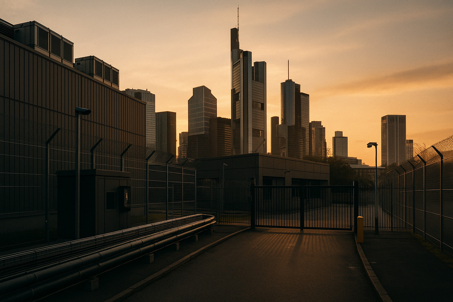Froschperspektive auf ein gesichertes Rechenzentrum mit hohen Zäunen, Zufahrtstor und Kabeltrassen im Vordergrund, dahinter die Skyline einer modernen Finanzstadt im warmen Abendlicht – symbolisiert Sicherheit und Regulierung im Finanzsektor.