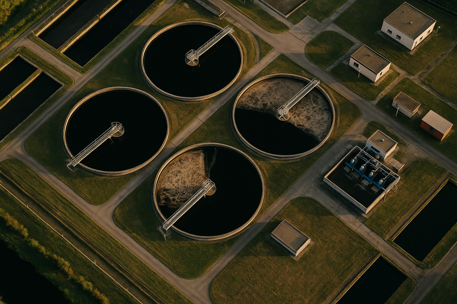 Luftaufnahme einer Kläranlage mit mehreren runden Becken und umliegenden Betriebsgebäuden, aufgenommen bei warmem Abendlicht – symbolisiert die kritische Infrastruktur der Wasserwirtschaft.